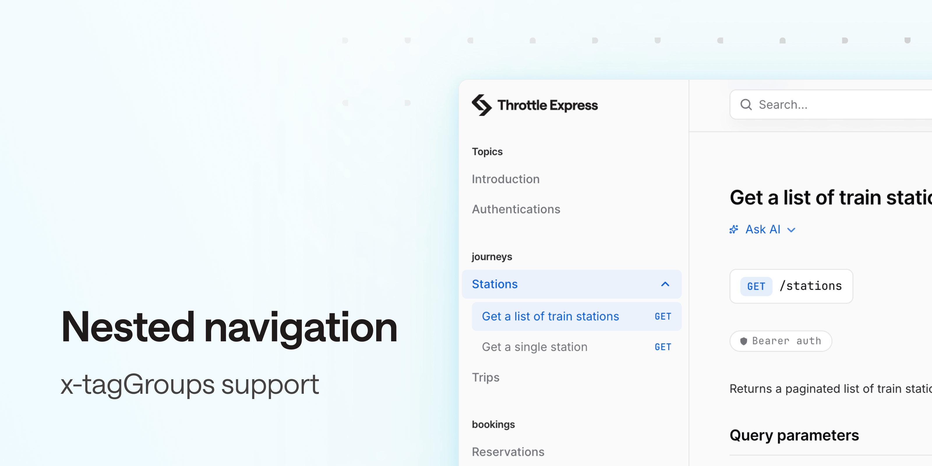 A documentation navigation where the journeys, bookings and account custom sections each contain a set of tagged operations