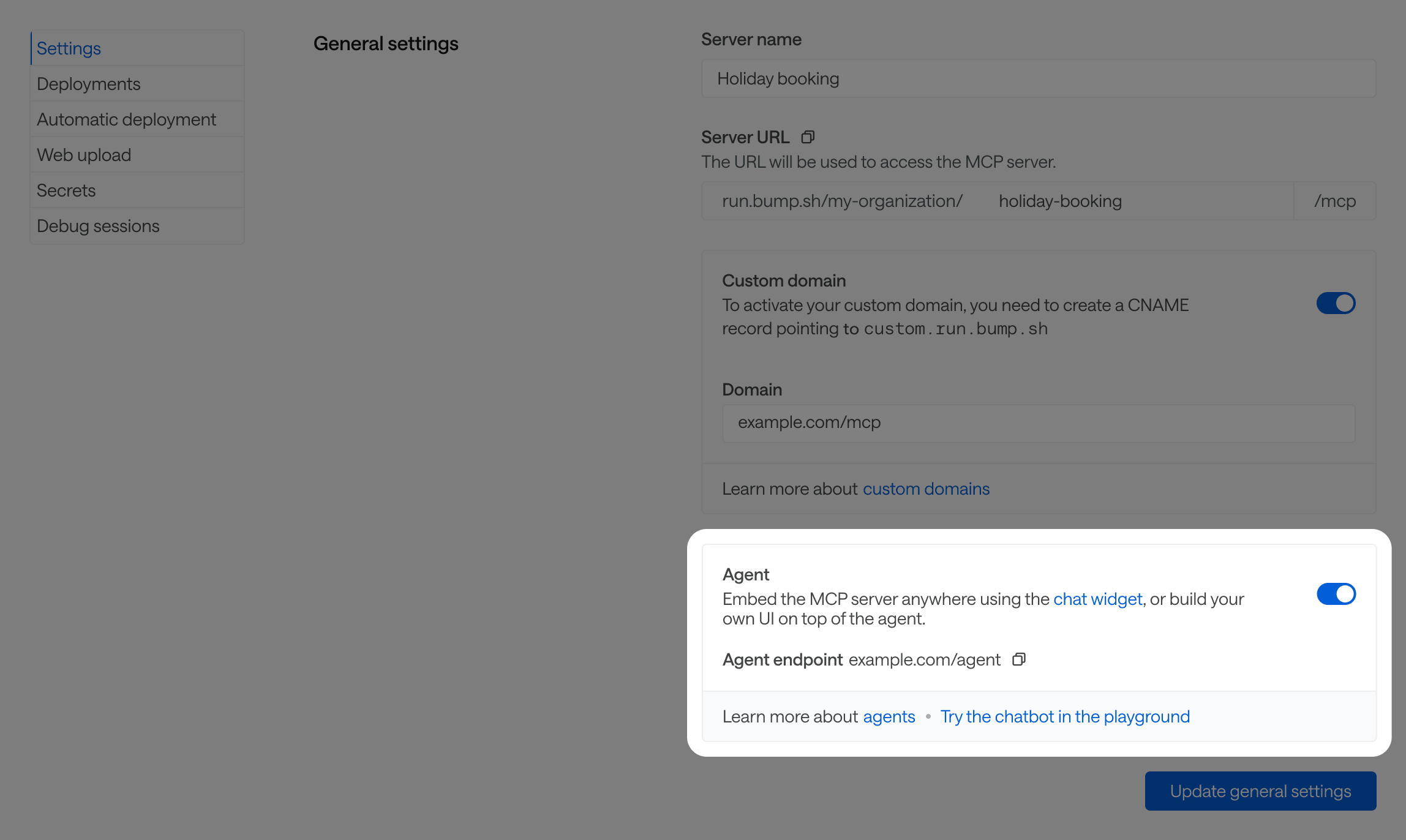 Agent toggle and endpoint in MCP server settings