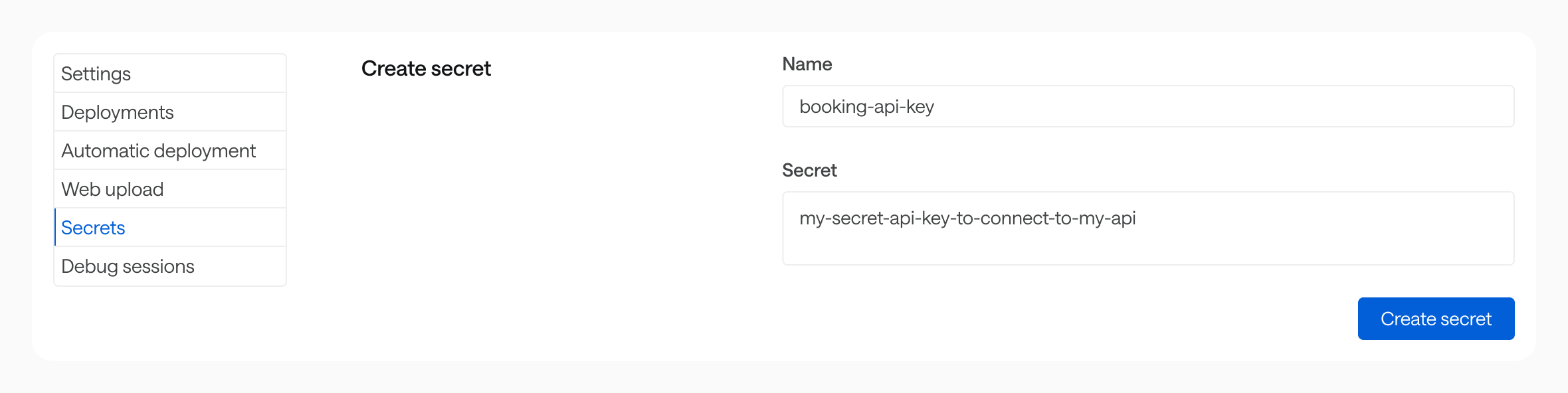 MCP server secrets creation form