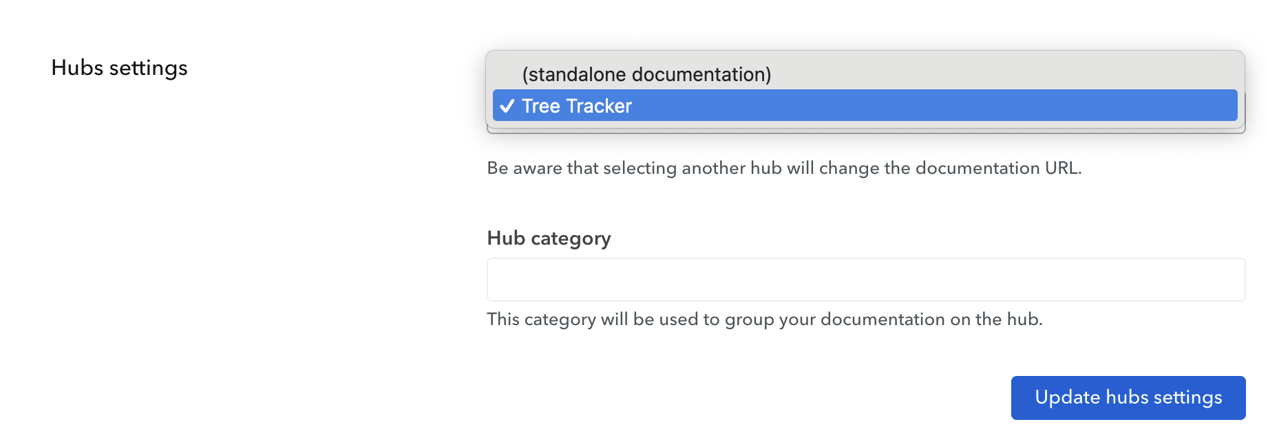 Screenshot of a Bump APIs settings page, a dropdown labelled Hub settings is selecting a Hub to assign to