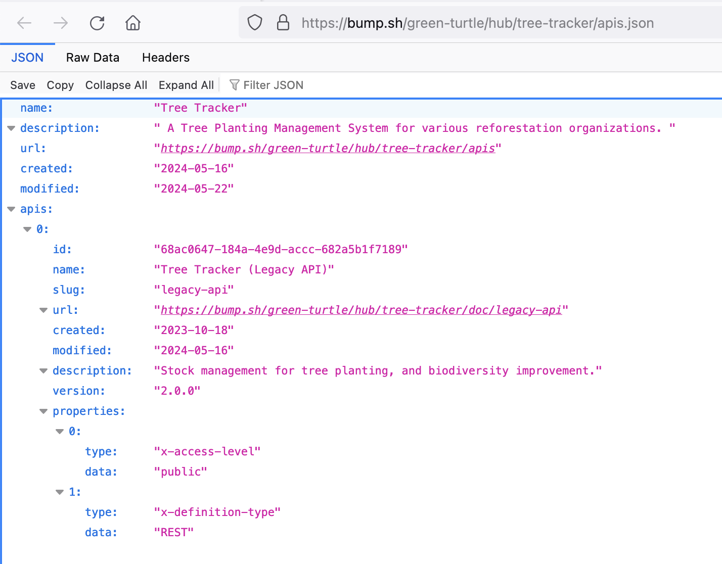 Screenshot of JSON in a browser window, showing name, description, url, created, modified and an array of apis