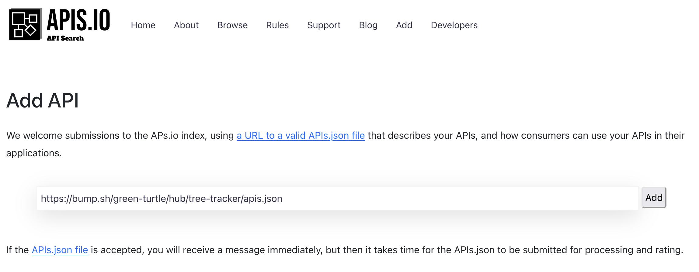 Screenshot of apis.io with an Add API with a URL form input