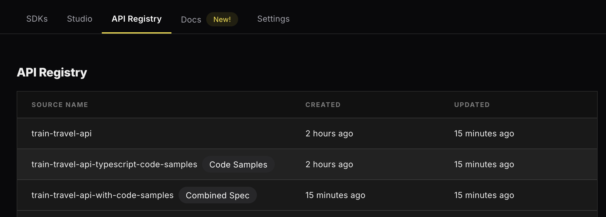 Screenshot of the Speakeasy dashboard on the "API Registries" tab. It has a list of three items for the same API: train-travel-api, train-travel-api-typescript-code-samples, train-travel-api-with-code-samples