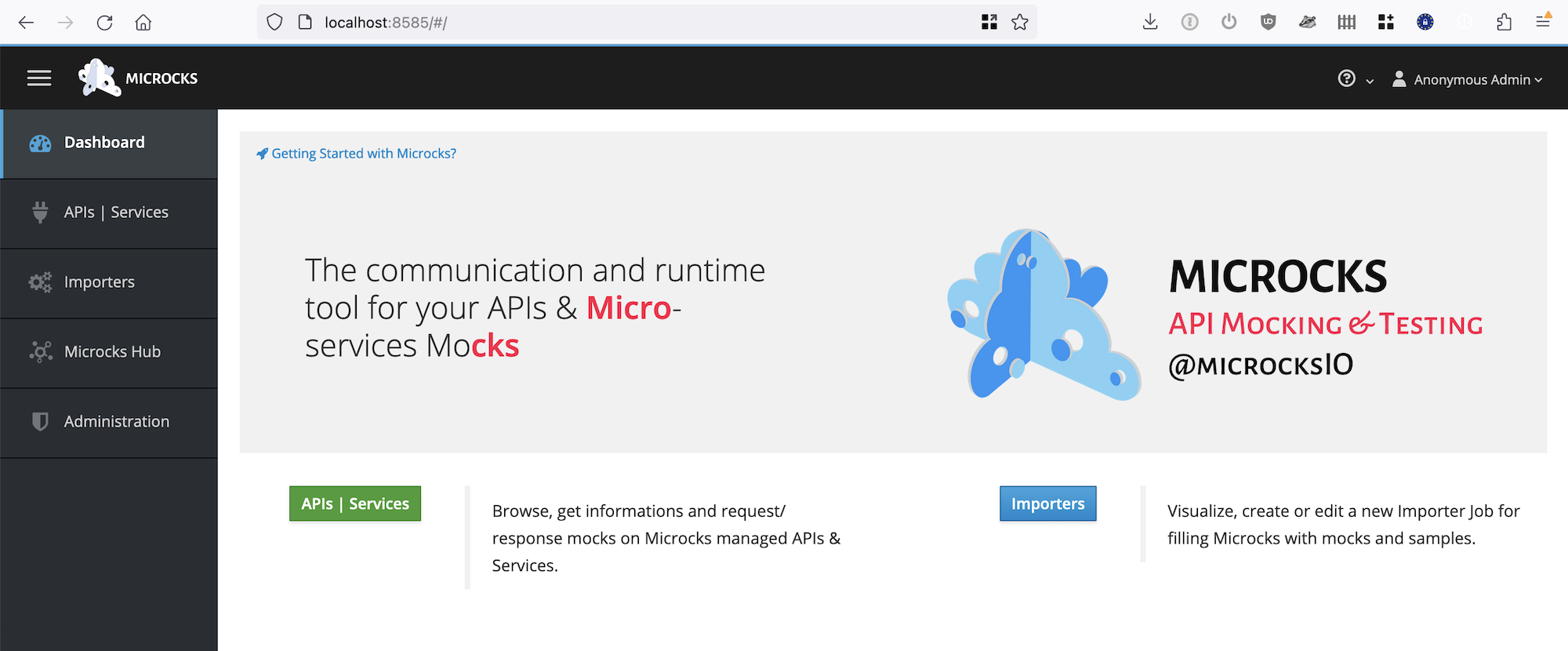 Microcks dashboard in a browser window running on http://localhost:8585