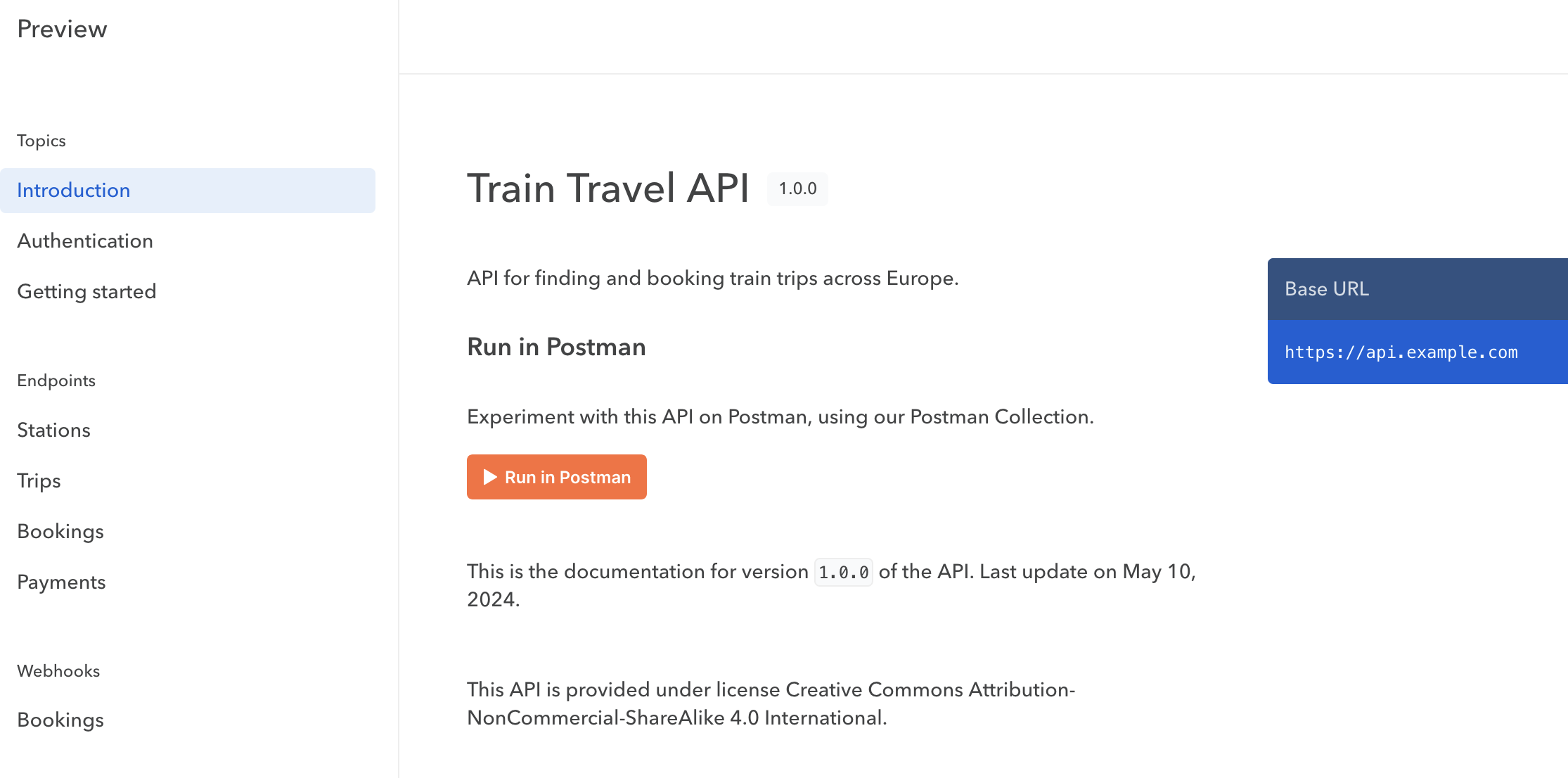 Back in the Bump.sh hosted API documentation we've added a "Run in Postman" section with the paragraph added in Markdown above, and the orange Run in Postman button showing