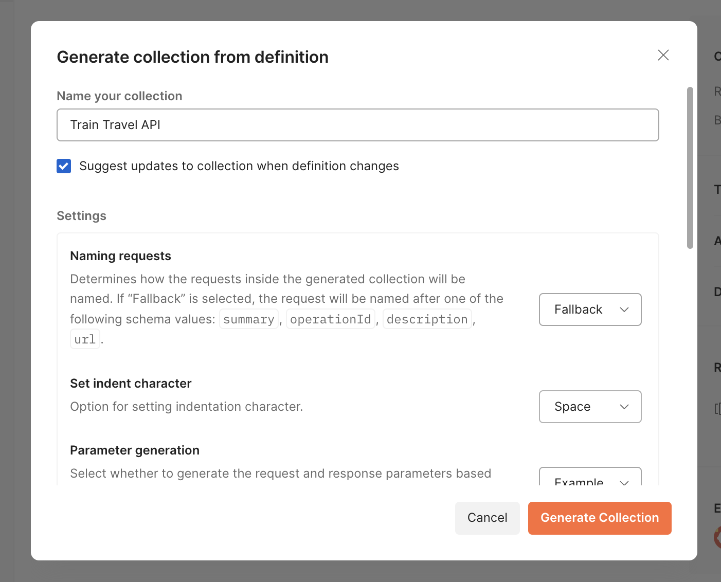 Genereate from definition settings on their defaults, mainly Naming requests set to Fallback