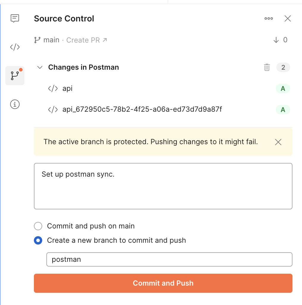 Postman source control view with some changes it wants to make, and a warning to commit to a branch as main branch is protected.