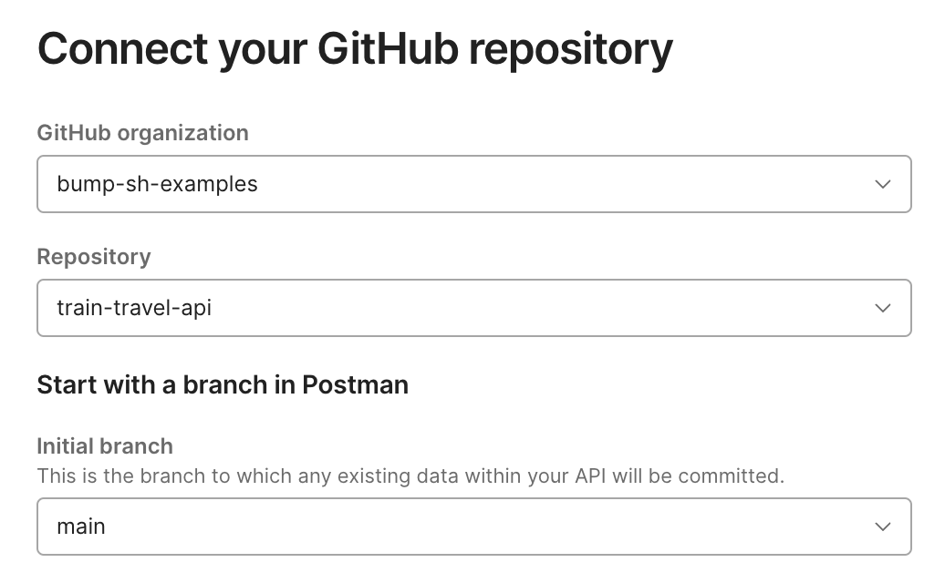 "Connect Repository" screen in Postman, with dropdowns for GitHub organization, Repository, and initial branch.