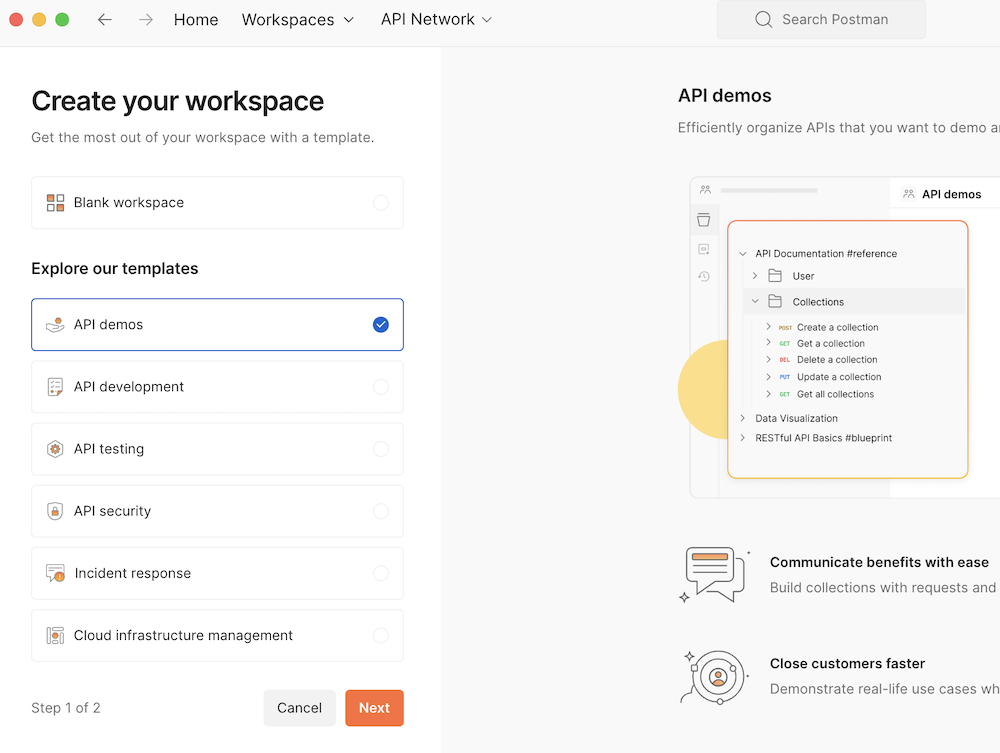 Create your workspace view, with a list of templates that can be used for the workspace, "API demos" template is selected.