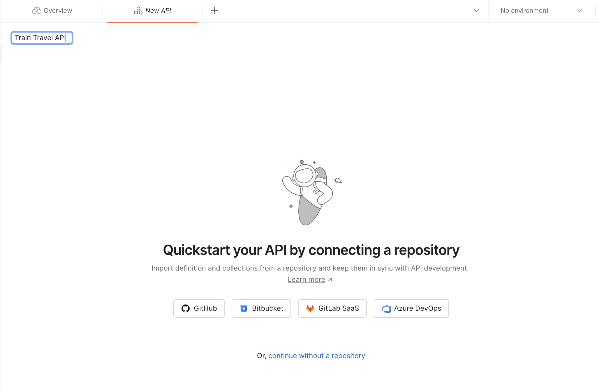 "New API" screen in Postman, showing "Quickstart your API by connecting a repository" and a list of options to connect GitHub, Bitbucket, GitLab SaaS, or Azure DevOps.