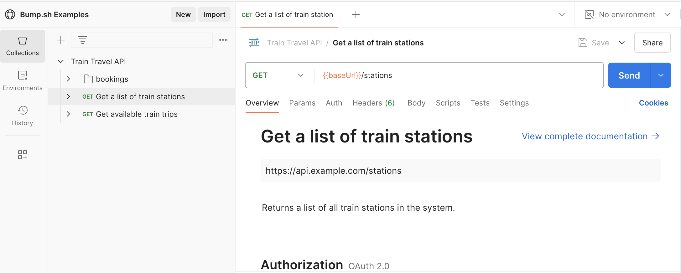 The view Postman users will get after clicking that button, with the Train Travel API example, and operation Get a list of train stations selected ready for HTTP requests